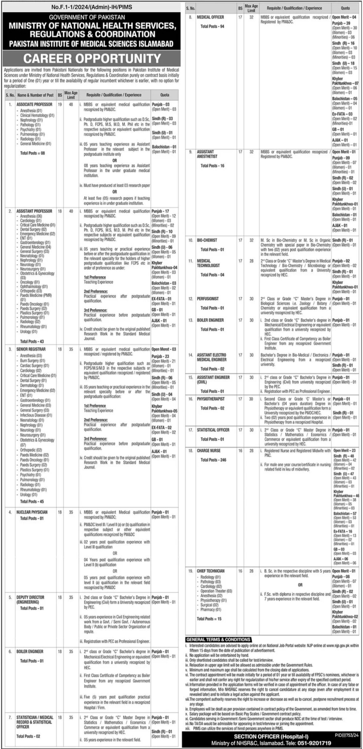 Latest Ministry of National Health Services New Job Openings in Islamabad 2024