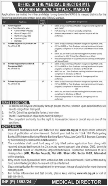 Medical Teaching Institution (MTI) Mardan New Jobs Notice 2024