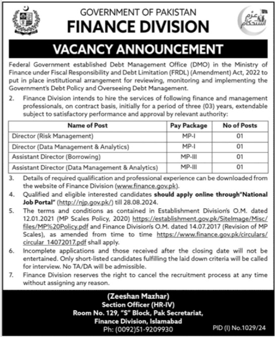 Latest New Jobs at Finance Division 2024 Advertisement