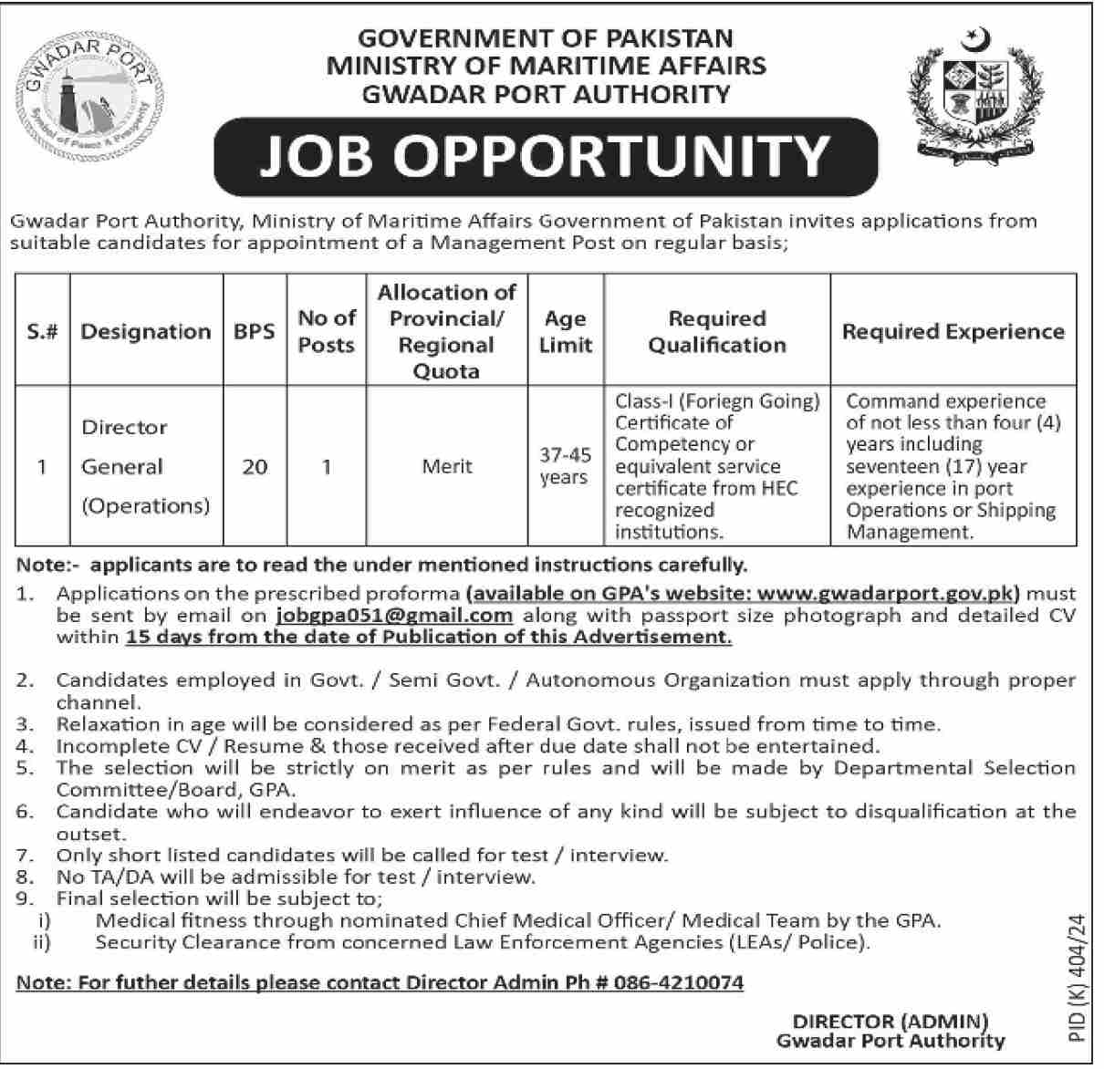Latest New Jobs at Director General Position at the Ministry of Maritime Affairs 2024 Advertisement