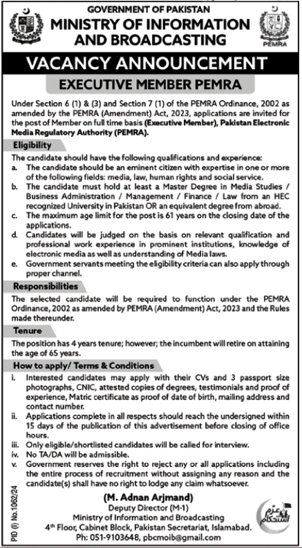 Latest New Jobs at Ministry of Information & Broadcasting Islamabad Announces 2024 AdvertisementLatest New Jobs at Ministry of Information & Broadcasting Islamabad Announces 2024 Advertisement