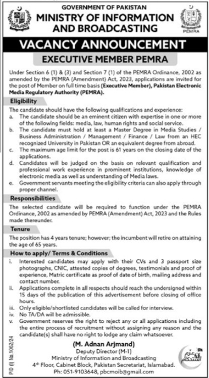 Latest New Jobs at Ministry of Information & Broadcasting 2024 Advertisement