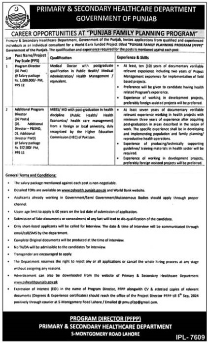 Latest New Jobs at Primary & Secondary Healthcare Department 2024 Advertisement