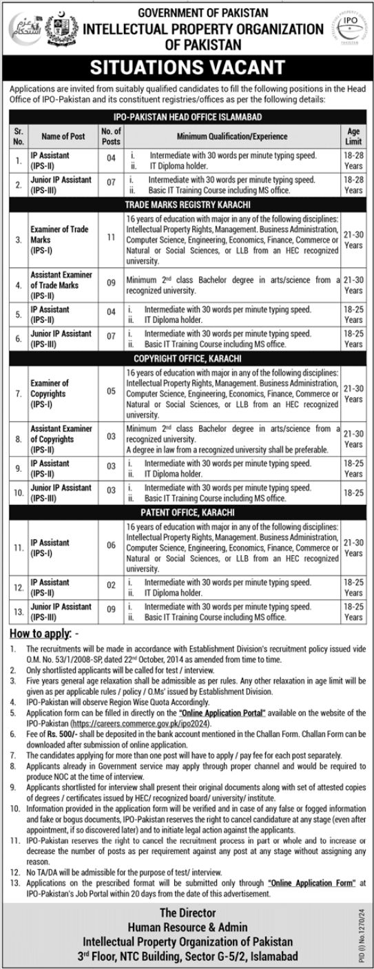 Intellectual Property Organization of Pakistan New Jobs Apply Online