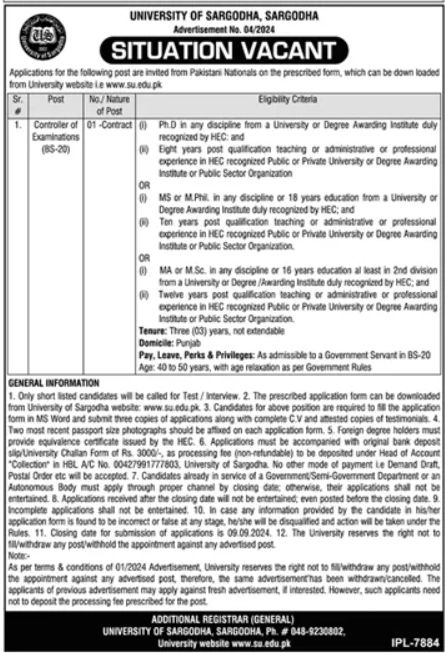 University of Sargodha (UOS) New Jobs 2024 Apply Online