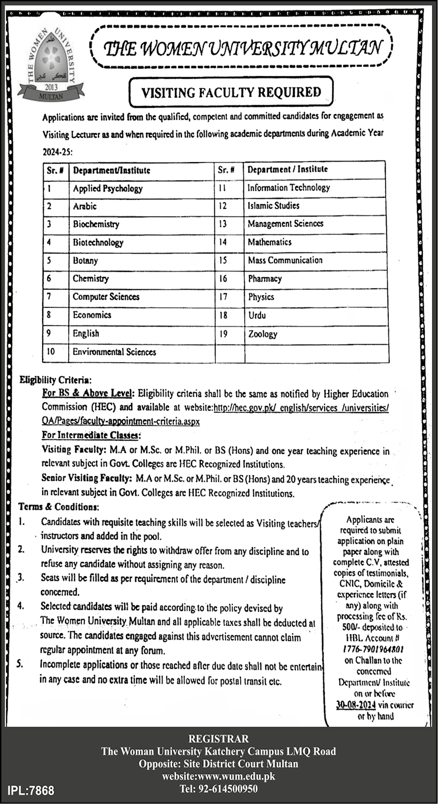 Women University Multan New Jobs 2024 Apply Online