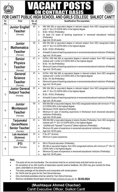 New Job Vacancies 2024 at Cantt Public High School and Girls College, Sialkot Onloine Apply