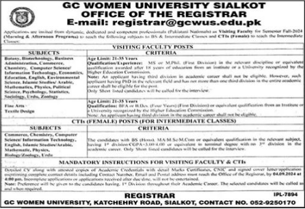 GC Women University Sialkot New Jobs 2024 Apply Online