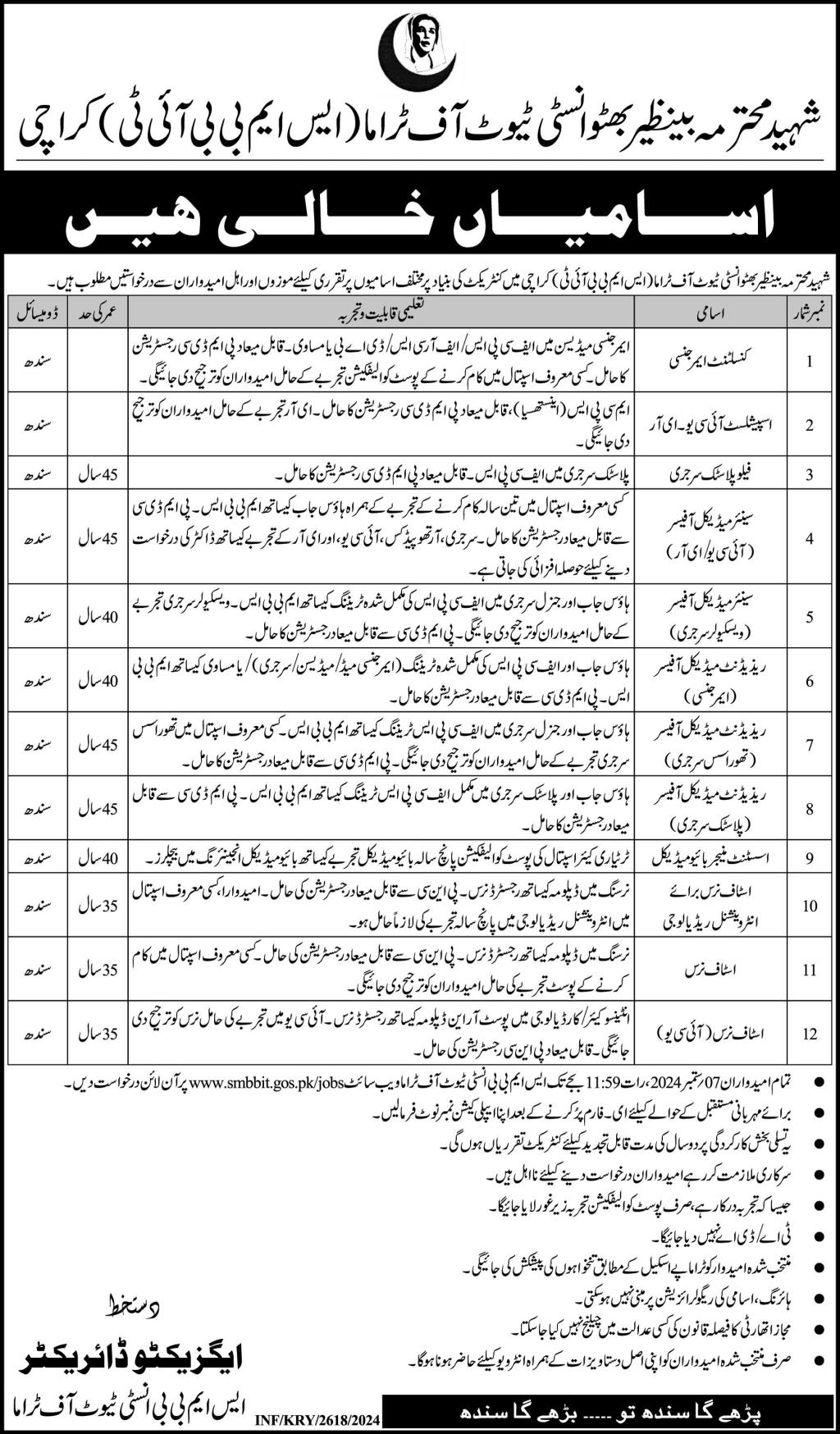 Shaheed Mohtarma Benazir Bhutto Institute of Trauma (SMBBIT) Recruitment August 2024 Jobs/Online