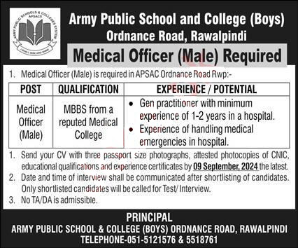 Army Public School & College (APS&C) Rawalpindi New Medical Job 2024 Apply Online