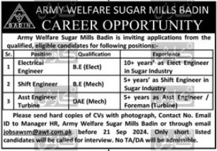 Army Welfare Sugar Mills Badin New Engineers Jobs 2024 Online Apply