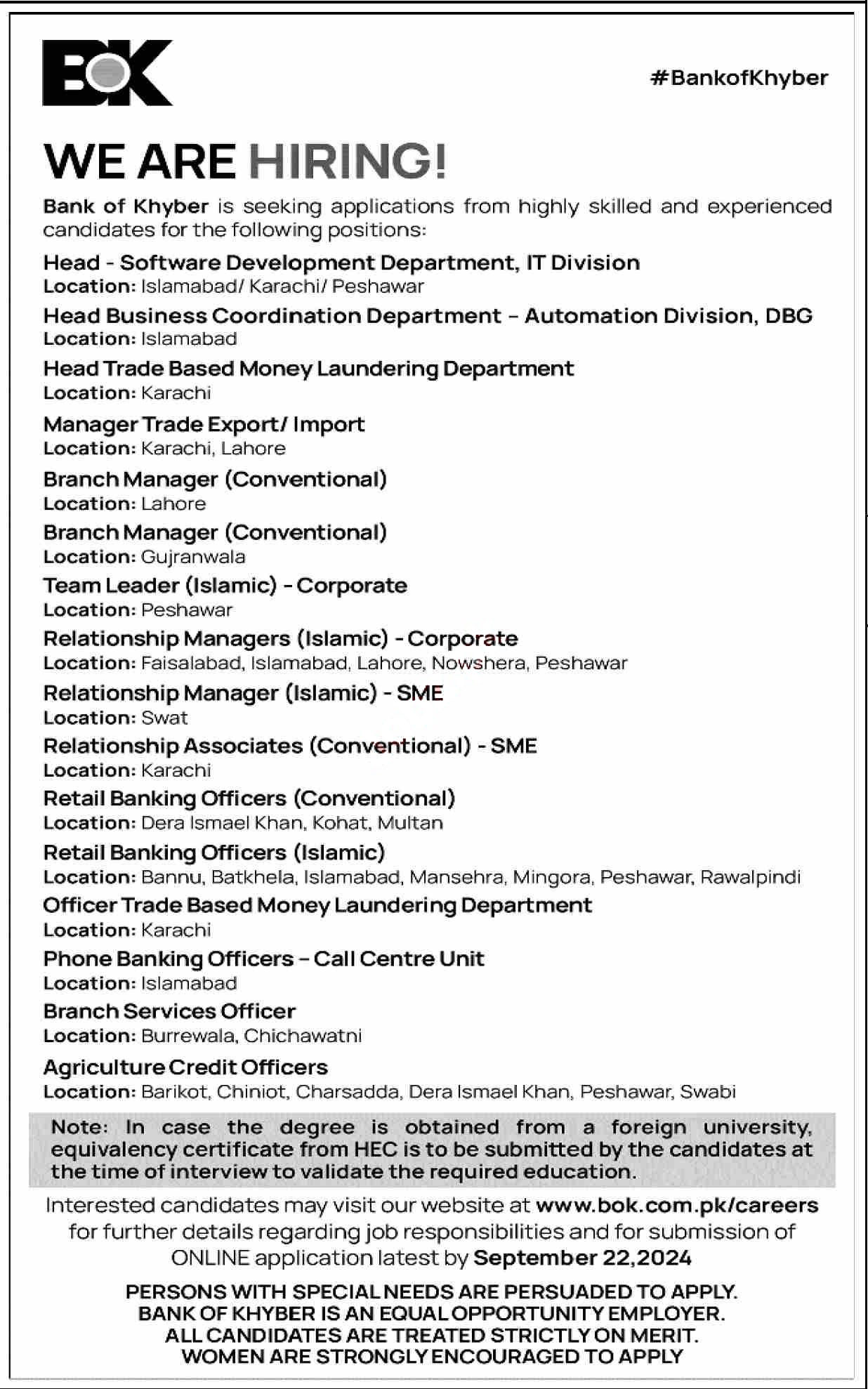 Bank of Khyber (BOK) New Vacancies 2024 Apply Online