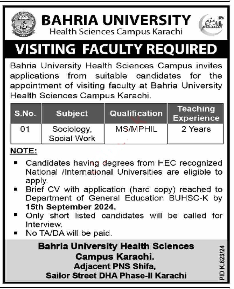New Jobs Professor Vacancies 2024 at Bahria University Health Science Apply Online