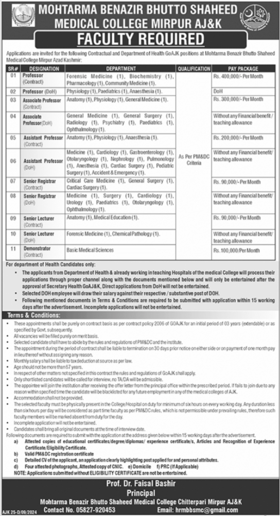 Mohtarma Benazir Bhutto Shaheed Medical College Mirpur New Vacancies Job 2024