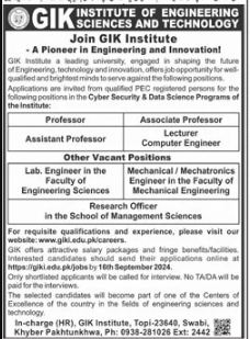 Latest Professor Job 2024 at GIK Institute of Engineering Sciences & Technology Apply Online