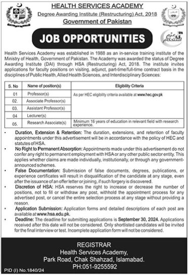 New Jobs Professor Vacancies 2024 at Health Services Academy (HSA) Islamabad Online Apply