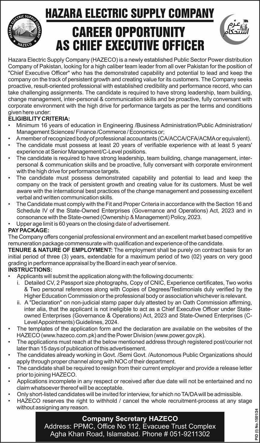 Hazara Electric Supply Company (HAZECO) as Chief Executive Officer Job 2024 Online Apply