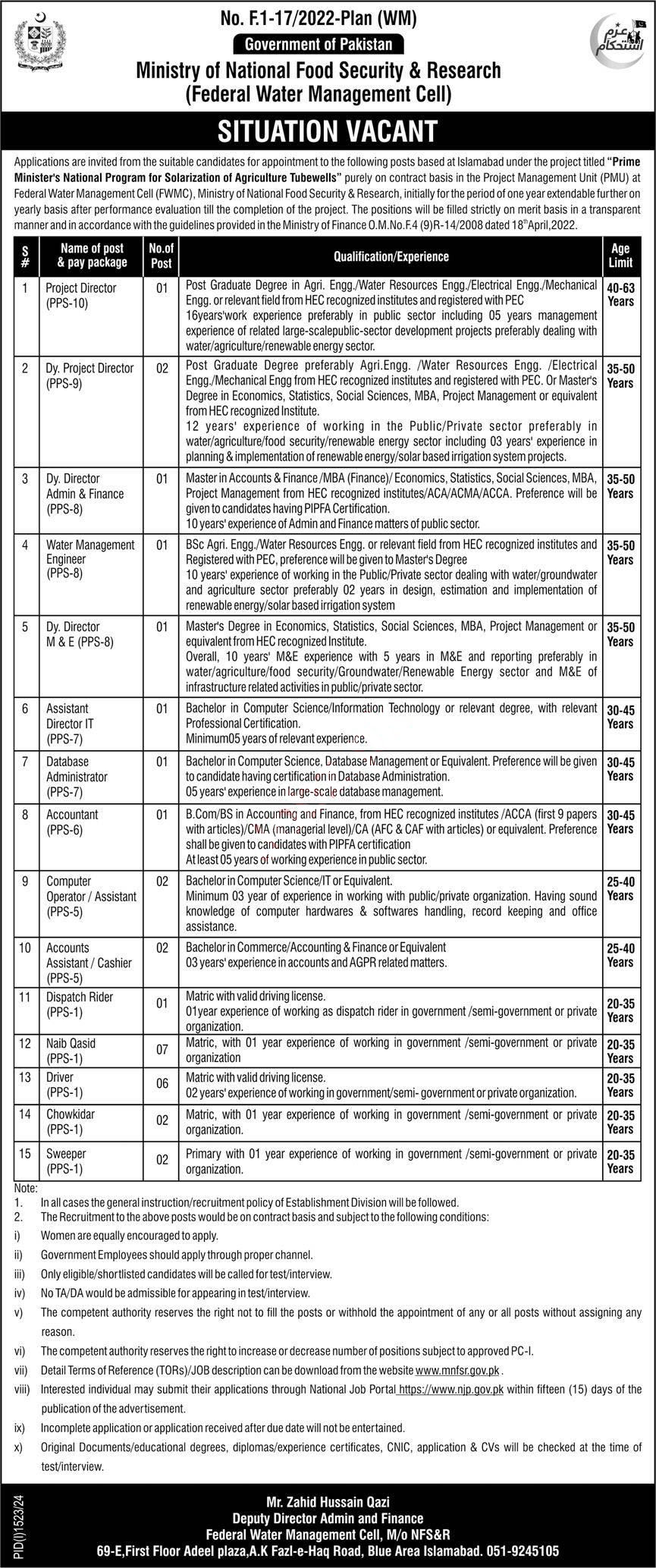 Ministry Of National Food Security & Research Islamabad New Job 2024 Apply Online