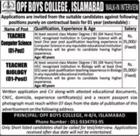 New Jobs Teachers Vacancies 2024 at OPF Boys College Islamabad Apply Online