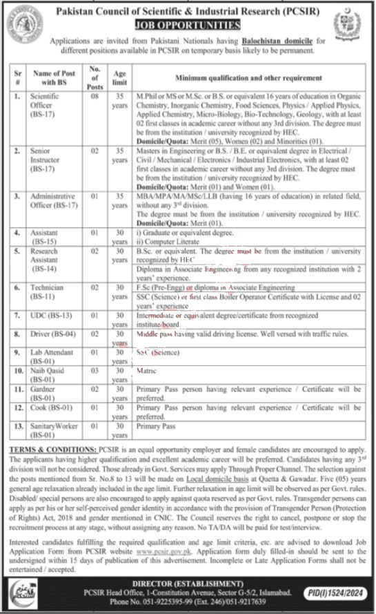 Pakistan Council of Scientific & Industrial Research (PCSIR) New 2024 Job Online Apply