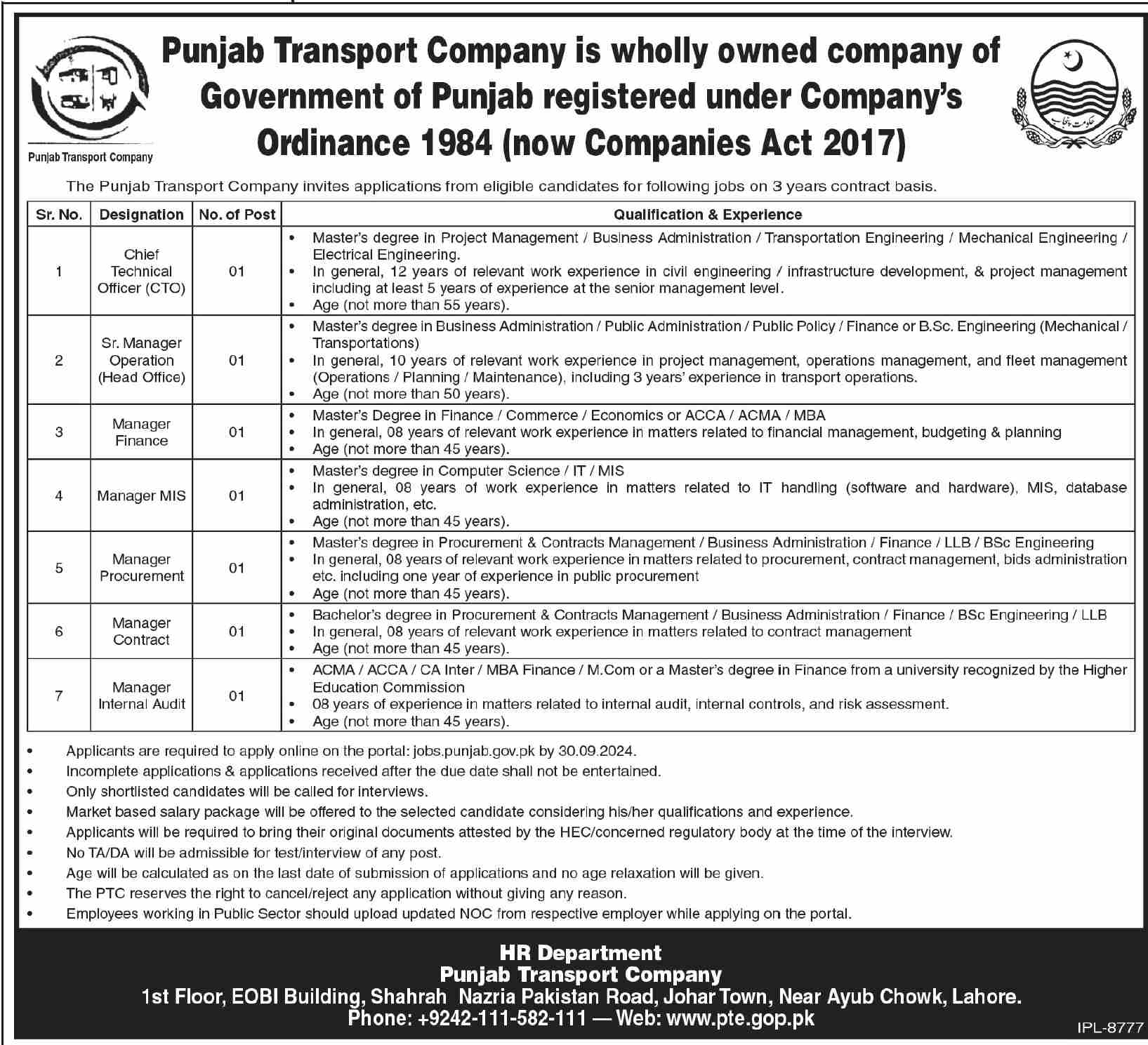 Latest Jobs Manager Vacancies 2024 at Punjab Transport Company (PTC) Online Apply