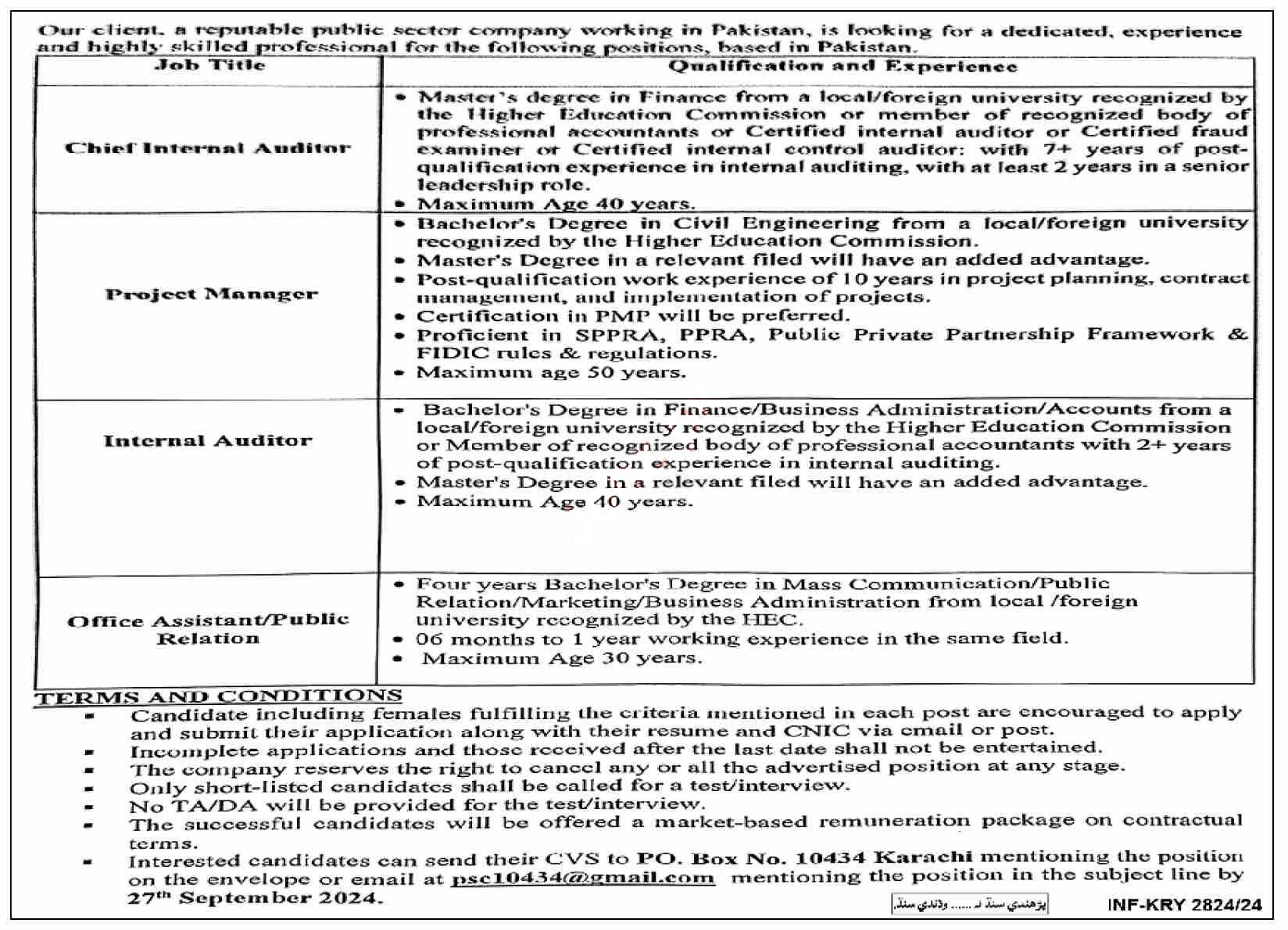 New Vacancies Job 2024 at Public Sector Company Karachi Online Apply