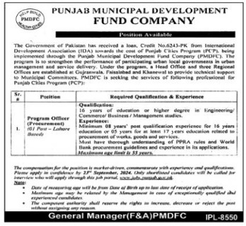 Punjab Municipal Development Fund Company (PMDFC) Latest Job Vacancy 2024