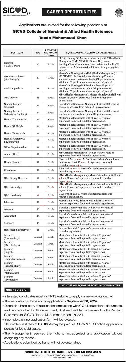 New Job Vacancies 2024 at Sindh Institute of Cardiovascular Diseases (SICVD) Online Apply