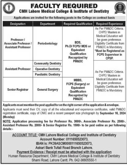 CMH Lahore Medical College New Job 2024 Online Apply