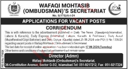 New Job 2024 Wafaqi Mohtasib Ombudsman Secretariat Islamabad Apply Online